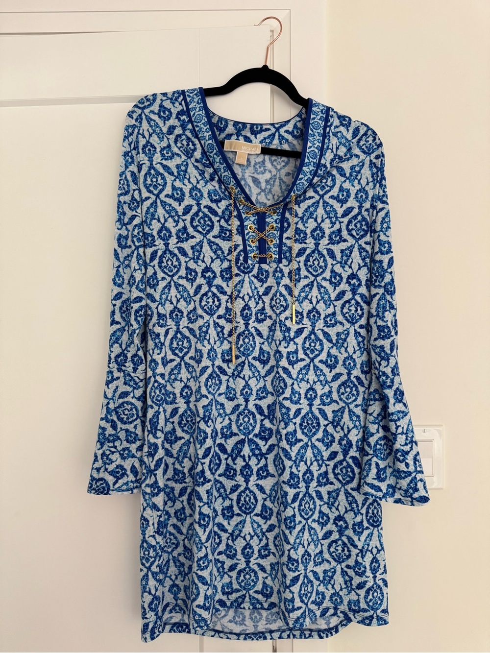 Michael Kors Blue White Printed Tunic Dress Gold Chain Detail